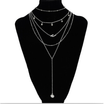 N-7163 Fashion Silver Alloy Sun Shaped Pendant Necklace Clavicular Chain Multilayer Necklace 5 Layers for Women