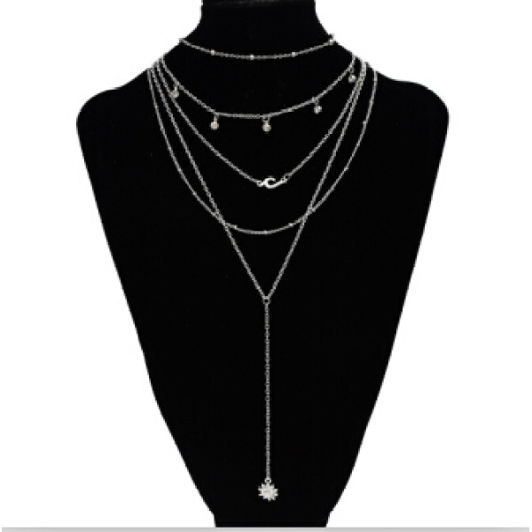 N-7163 Fashion Silver Alloy Sun Shaped Pendant Necklace Clavicular Chain Multilayer Necklace 5 Layers for Women