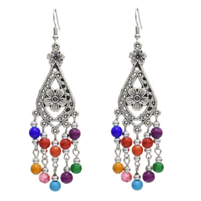 E-5058 Bohemian Silver Metal Flower Shape Resin Beaded Statement Earrings for Women Party Jewelry