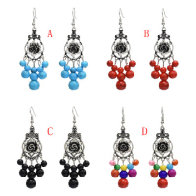 E-5059 Vintage Bohemian Silver Metal Flower Shape Resin Bead Statement Earrings for Women Party Jewelry