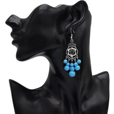 E-5059 Vintage Bohemian Silver Metal Flower Shape Resin Bead Statement Earrings for Women Party Jewelry