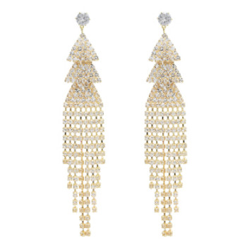 E-5065 Fashion Silver Gold Metal Crystal Long Tassel Drop Earrings for Women Bridal Wedding Party Jewelry