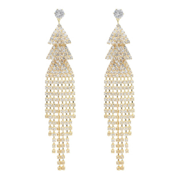 E-5065 Fashion Silver Gold Metal Crystal Long Tassel Drop Earrings for Women Bridal Wedding Party Jewelry