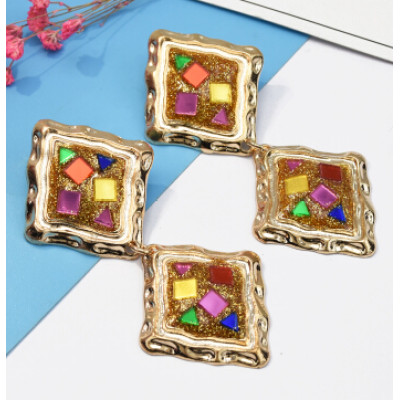 E-5073 Fashion Gold Metal Enamel Glass Drop Earrings for Women Boho Wedding Party Jewelry .