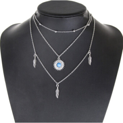 N-7174 6 Styles Fashion Silver Alloy Sun Moon Shaped Pendant Necklace Clavicular Chain Multilayer Necklace for Women