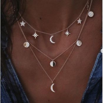 N-7173 5 Styles Multi-Layer Rhinestone Tassel Gold Alloy Necklace