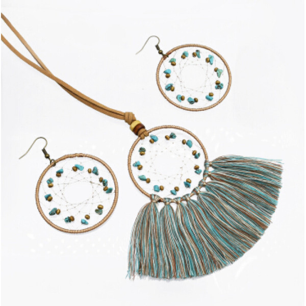 N-7172  E-5074   Ethnic Boho Handmade Dream Catcher Cotton Tassel Pendant Necklace & Earring Party Jewelry Sets