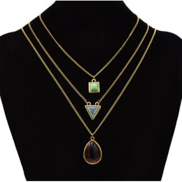 N-7170 Antique Elegant Three Multilayers Gold Metal Oval Triangle Square Pendant Necklaces for Women Boho Choker Party Jewelry