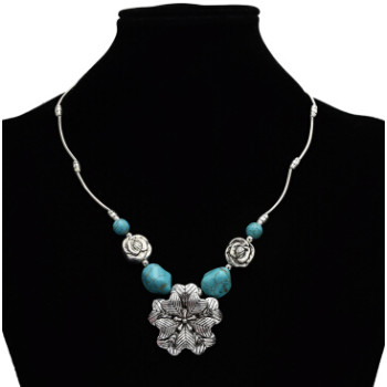 N-7175 New Fashion Charming Blue Stone Flower Chain Resin Choker Necklace For Women