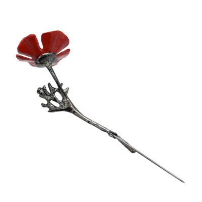 P-0430 Women Silver Gun Black Metal Red Flower Brooch Pins Shirt Dress Clothes Fashion Accessories