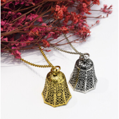 N-7181  2 Colors Vintage Alloy Carved  Bells Geometric Shaped Pendant Necklaces Long Chains Sweater Necklaces for Women Boho Party Jewelry