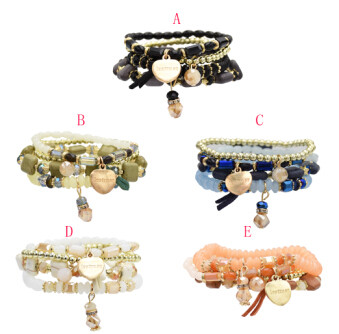 B-0924 5 Colors Boho Fashion Four Layer Chains Ethnic Custom Crystal Acrylic Beads Bracelets & Bangles for Women Wedding Party Jewelry