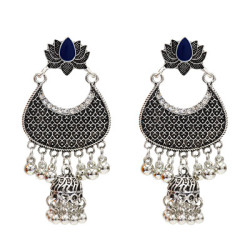 E-5142 4 Colors Indian Style Vintage Silver Anemone Rhinestone Metal Tassel Earring