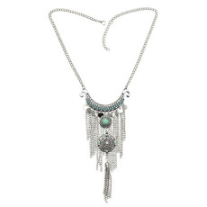 N-7188 Fashion Silver Metal Rhinestone Turquoise Round Shaped Tassel Pendant  For Women Necklace Jewelry.