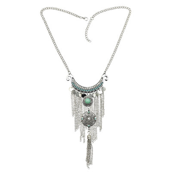 N-7188 Fashion Silver Metal Rhinestone Turquoise Round Shaped Tassel Pendant  For Women Necklace Jewelry.