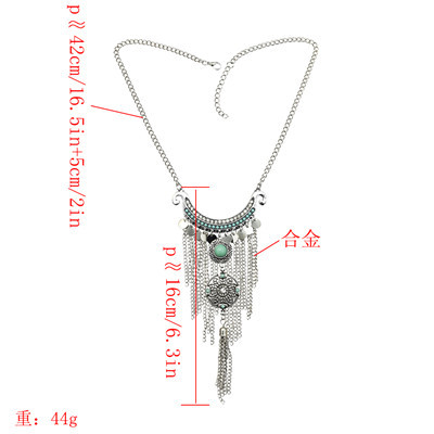 N-7188 Fashion Silver Metal Rhinestone Turquoise Round Shaped Tassel Pendant  For Women Necklace Jewelry.