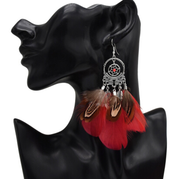E-5179  3 Color Bohemian Vintage Silver Feather Pendant Drop Dangle Earrings Hook Earring