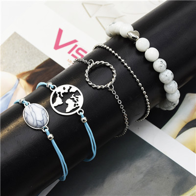 B-0943  Fashion 5 Pce/ Set Alloy Silver Thin Chain Beads Simple Bracelet Ladies Jewelry.