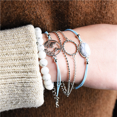 B-0943  Fashion 5 Pce/ Set Alloy Silver Thin Chain Beads Simple Bracelet Ladies Jewelry.