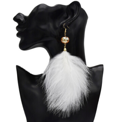 E-5184  Korea style gold plated alloy vintage pearl drop white feather dangling earrings