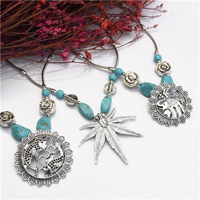 N-7190  Fashion  Bohemian Vintage Silver Turquoise Embellish  Fower Leaves  Necklace Earrings For Women Jewelry