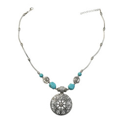 N-7193 Vintage Silver Turquoise Embellish Fower Leaves Necklace Bohemian For Women Jewelry