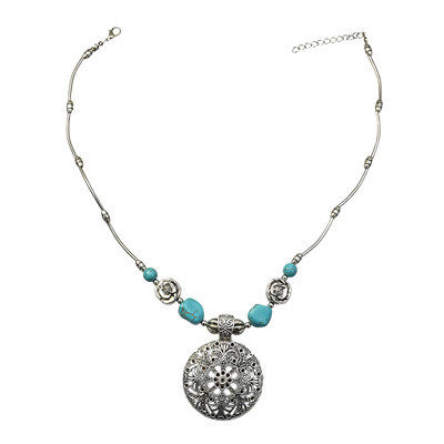 N-7193  Vintage Silver Turquoise Embellish  Fower Leaves  Necklace Bohemian  For Women Jewelry