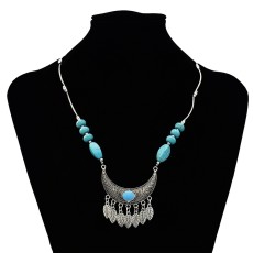 N-7196  Vintage Silver Turquoise Leaf Fower Pendant Necklace Bohemian For Women Jewelry