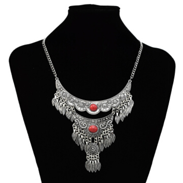 N-7197  Vintage Silver Metal Blue Red Stone Necklaces for Women Wedding Party Gypsy Jewelry Gift