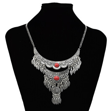 N-7197  Vintage Silver Metal Blue Red Stone Necklaces for Women Wedding Party Gypsy Jewelry Gift
