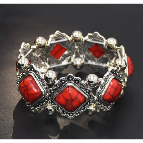 B-0952  4 Colors Vintage Silver Metal Turquoise Acrylic Beads Bracelets for Women Bohemian Party Jewelry
