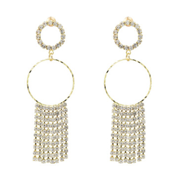 E-5219  Fashion Gold Metal Full Rhinestone Long Tassel Drop Earrings for Women Bridal Wedding Jewelry