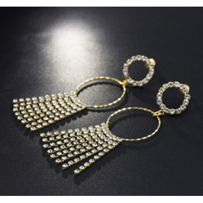 E-5219  Fashion Gold Metal Full Rhinestone Long Tassel Drop Earrings for Women Bridal Wedding Jewelry