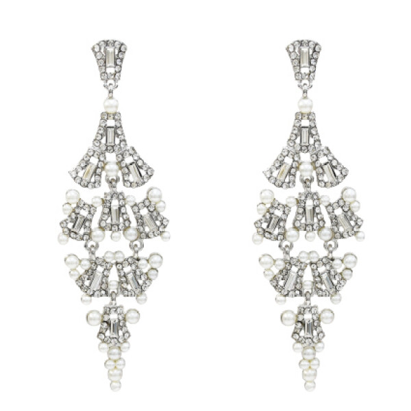 E-5227  Fashion Silver Gold Metal Rhinestone Pearl Statement Drop Earrings for Women Bridal Wedding Party Jewelry