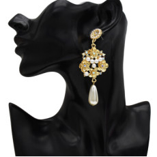 E-5231  Fashion Trendy Gold Statement Long Dangle Pearl Earrings Elegant Rhinestone Crystal Tassel Wedding Earrings