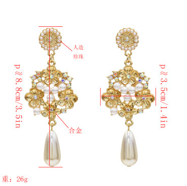 E-5231  Fashion Trendy Gold Statement Long Dangle Pearl Earrings Elegant Rhinestone Crystal Tassel Wedding Earrings