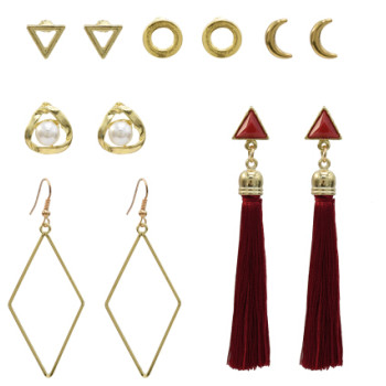 E-5235  6 Pairs/set New Trendy Gold Metal Moon Shape Cotton Tassel Earrings for Women Party Jewelry