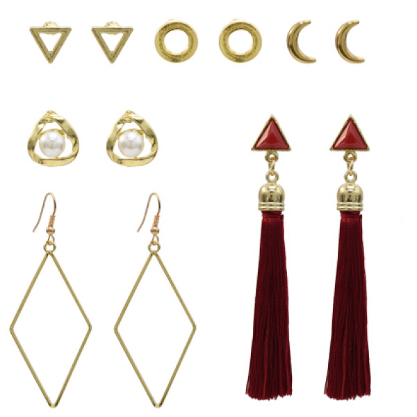 E-5235  6 Pairs/set New Trendy Gold Metal Moon Shape Cotton Tassel Earrings for Women Party Jewelry