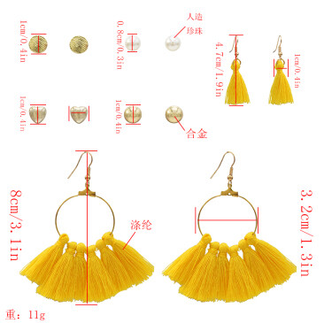 E-5244 6 Pairs/set New Trendy Gold Metal Heart Leaf Shape Pearls Crystal Tassel Earrings for Women Party Jewelry