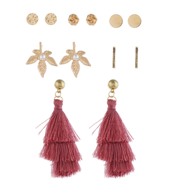 E-5246  6 Pairs/Set Boho Gold Metal Leaves Shape Pearl Drop Earrings Sets for Women Party Jewelry