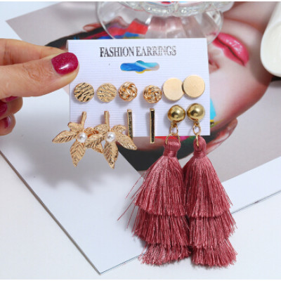 E-5246  6 Pairs/Set Boho Gold Metal Leaves Shape Pearl Drop Earrings Sets for Women Party Jewelry