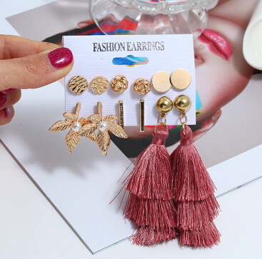 E-5246  6 Pairs/Set Boho Gold Metal Leaves Shape Pearl Drop Earrings Sets for Women Party Jewelry