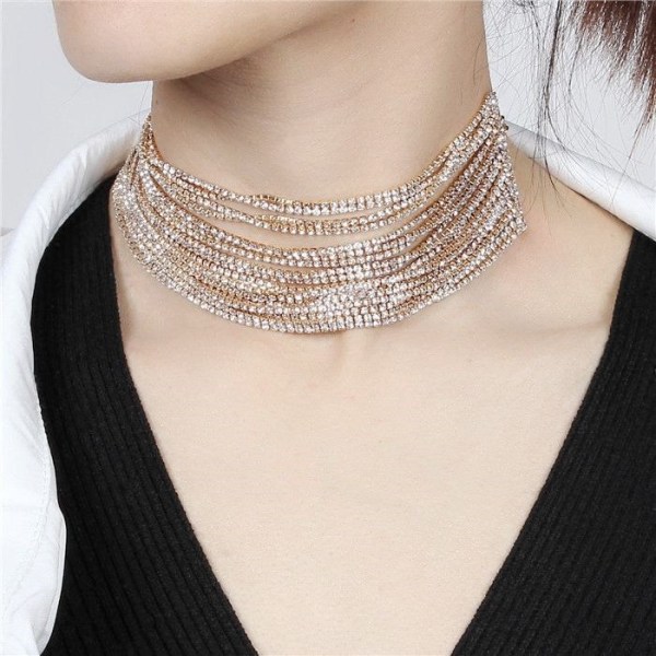 N-7210 Multi-Layer Silver Chain 17 Row Full Clear Rhinestone Choker Necklace