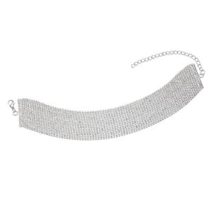 N-7210 Multi-Layer Silver Chain 17 Row Full Clear Rhinestone Choker Necklace