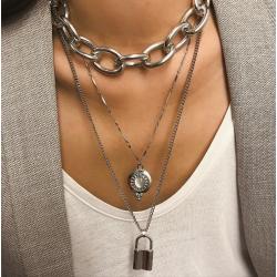 N-7213 Multi-Layer Link Chain Gold Silver Lock Charm Choker Necklace