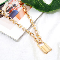 N-7215 Multi-Layer Link Chain Gold Silver Lock Charm Choker Necklace