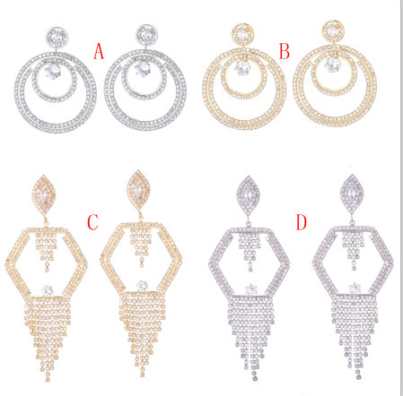 E-5285 Fashion Silver Gold Metal Full Crystal Rhinestone Drop Earrings for Women Bridal Wedding Party Jewelry