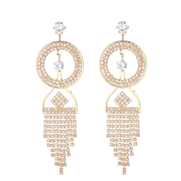 E-5283 Luxury Silver Gold Metal Rhinestone Crystal Dangle Statement Earrings