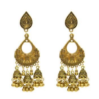 E-5290 Vintage Silver Gold Color Zamak Bells Tassel Statement Earring for Women Indian Party Jewelry