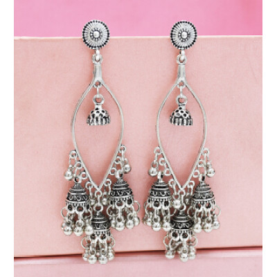 E-5290 Vintage Silver Gold Color Zamak Bells Tassel Statement Earring for Women Indian Party Jewelry